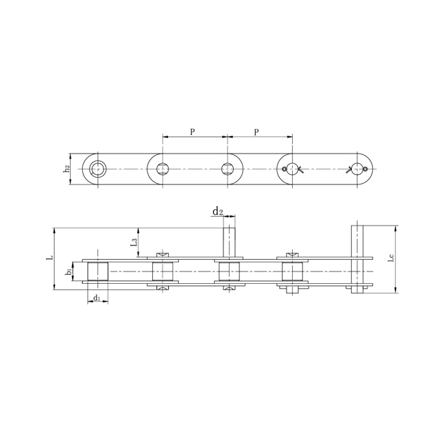 Rostfria transportörkedjor med dubbel stigning med förlängda stift